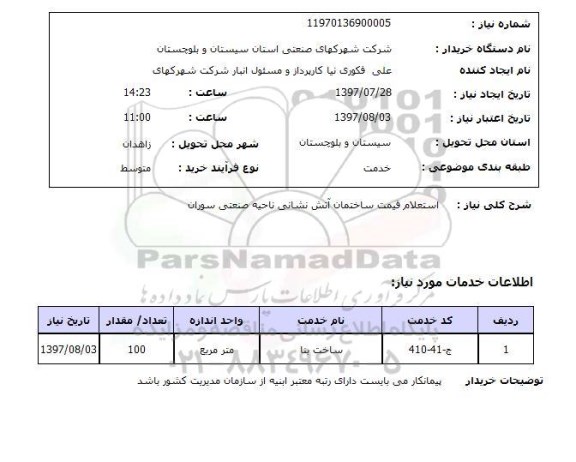 استعلام, قیمت ساختمان آتش نشانی