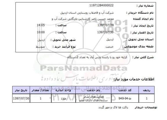 استعلام,استعلام کرایه خودرو با راننده پارس آباد به تعداد 2 دستگاه 