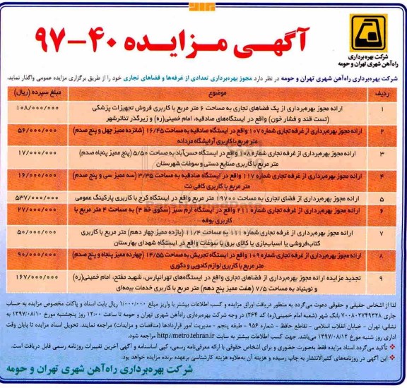 مزایده ،مزایده ارائه مجوز بهره برداری تعدادی از غرفه ها و فضاهای تجاری