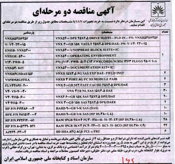 ﻿آگهی مناقصه دو مرحله ای,مناقصه  خرید تجهیزات SAN