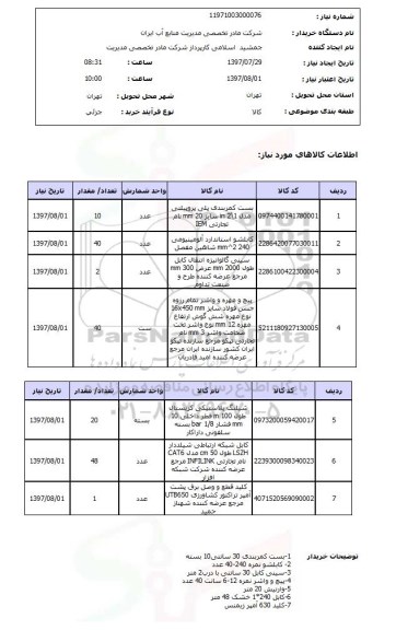 استعلام, استعلام بست کمربندی - کابلشو - سینی کابل - پیچ و واشر و ...