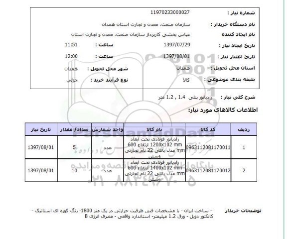 استعلام, رادیاتور پنلی 1.4 ، 1.2 متر 