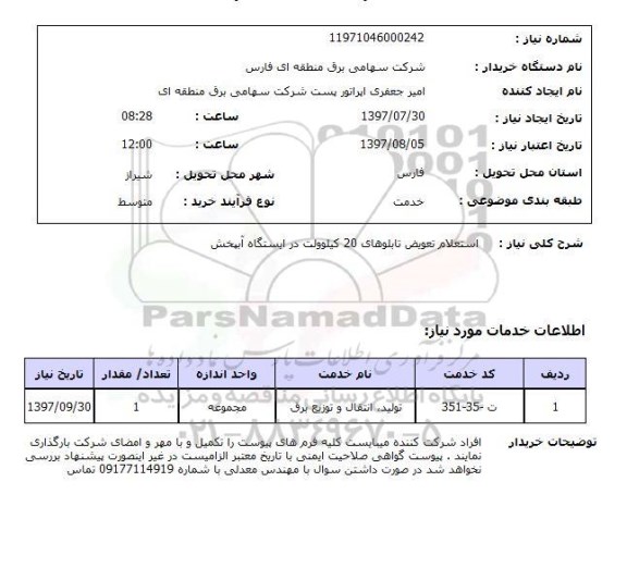 استعلام,استعلام تعویض تابلوهای 20 کیلوولت