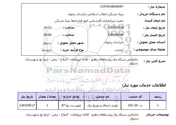 استعلام, استعلام جابجایی شبکه برق روستا