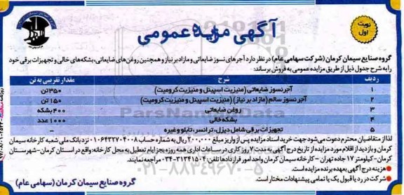 مزایده, مزایده آجرهای نسوز ضایعاتی و مازاد