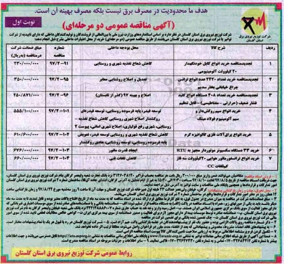 اگهی مناقصه , مناقصه انواع کابل خودنگهدار