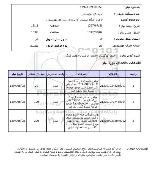 استعلام, ویلچر بزرگسال + ویلچر خردسال + توالت فرنگی