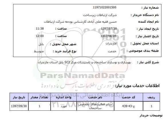 استعلام, بهسازی و نوسازی ساختمان و تاسیسات مرکز SC2