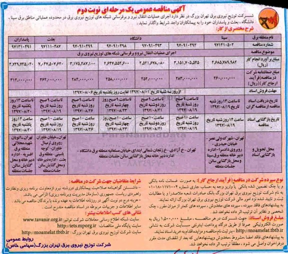 مناقصه عمومی , مناقصه اجرای عملیات انتقال نیرو و برقرسانی شبکه های توزیع نوبت دوم 