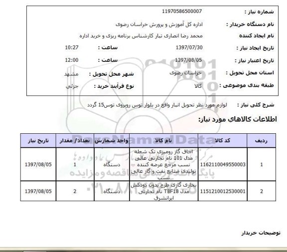 استعلام, بخاری گازی و اجاق گاز رومیزی