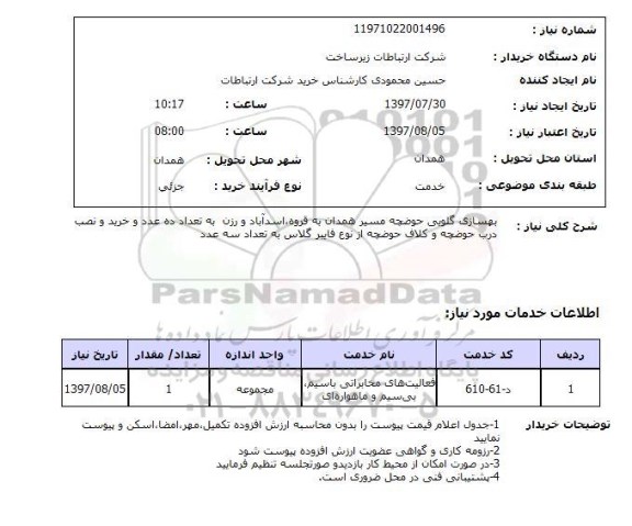 استعلام, استعلام بهسازی گلویی حوضچه و خرید و نصب درب حوضچه و ...