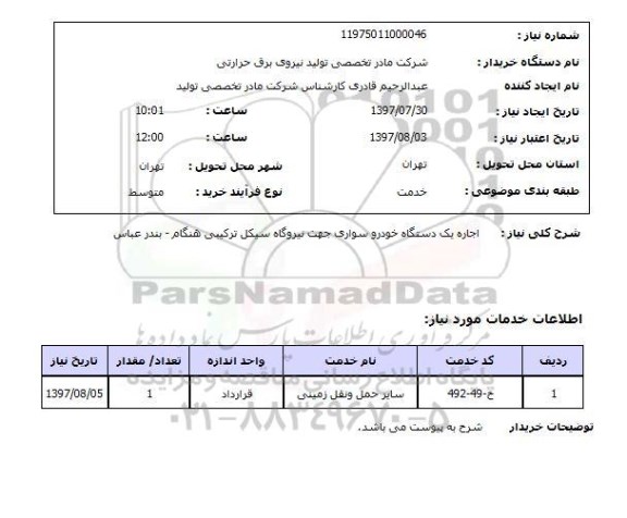 استعلام, استعلام اجاره یک دستگاه خودرو سواری