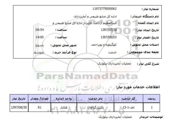 استعلام, استعلام عملیات آبخیزداری بیلوژیک ...