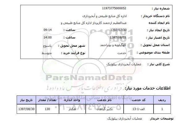 استعلام; استعلام عملیات آبخیزداری بیلوژیک ...