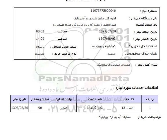 استعلام , استعلام عملیات آبخیزداری بیولوژیک