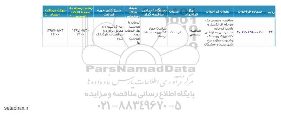 مناقصه تکمیل و بازسازی جاده دسترسی به اراضی