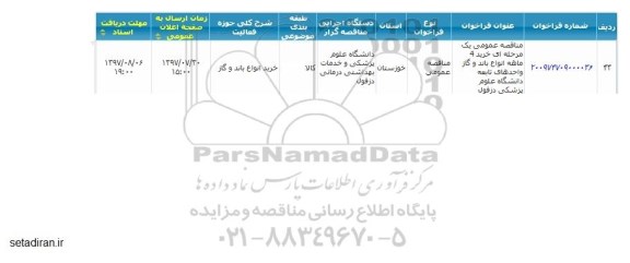 مناقصه عمومی 1 مرحله ای خرید 4 ماهه انواع باند و گاز 