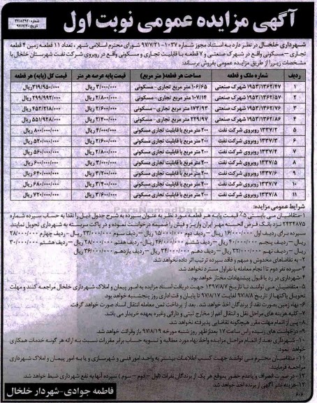 مزایده, مزایده فروش تعداد 11 قطعه زمین کاربری تجاری مسکونی