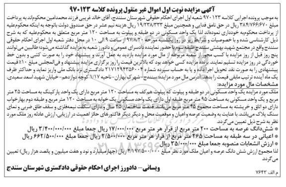 مزایده, مزایده یک واحد مسکونی مساحت 120متر