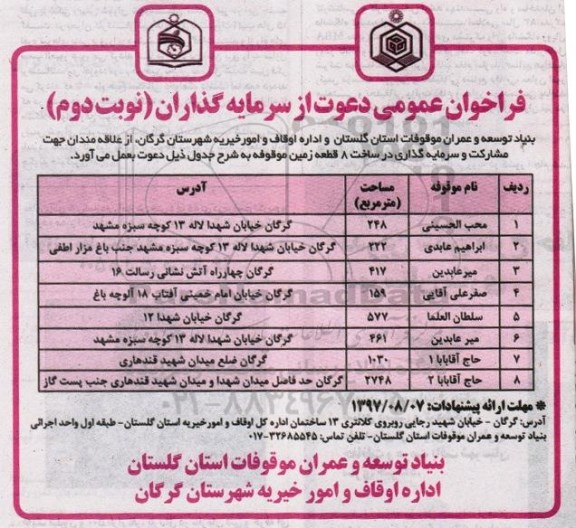 فراخوان عمومی , فراخوان عمومی جهت مشارکت و سرمایه گذاری در ساخت 8 قطعه زمین - نوبت دوم 