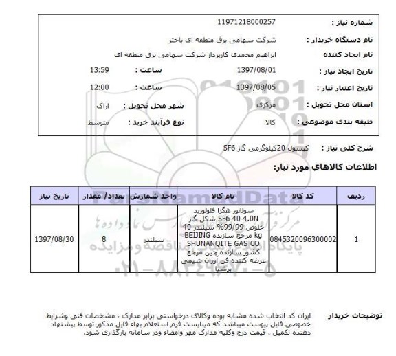 استعلام, کپسول 20 کیلوگرمی گاز SF6