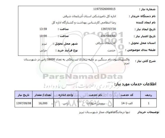 استعلام, واکسیناسیون دام سنگین بر علیه بیماری تب برفکی