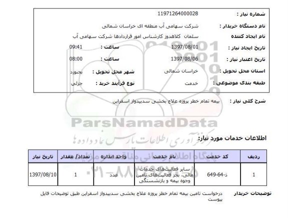 استعلام, بیمه تمام خطر پروژه 