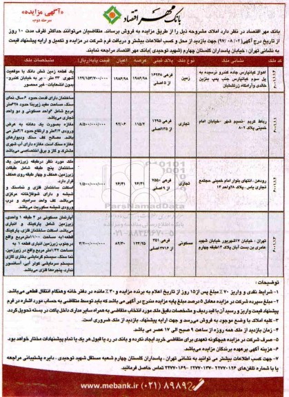 مزایده, مزایده فروش املاک کاربری تجاری زمین مسکونی مرحله دوم 