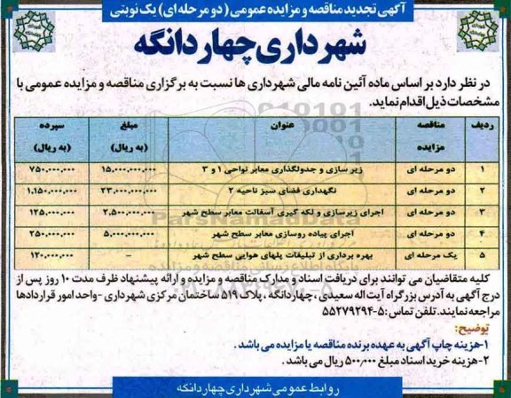 مزایده , مزایده بهره برداری از تبلیغات پل های هوایی سطح شهر