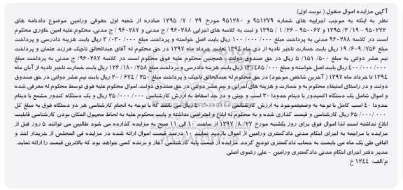 مزایده، مزایده یک دستگاه کندور مشمع و...