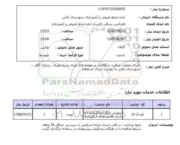 استعلام اجرای عملیات مراقبت جنگلکاری در حوضه های لودی