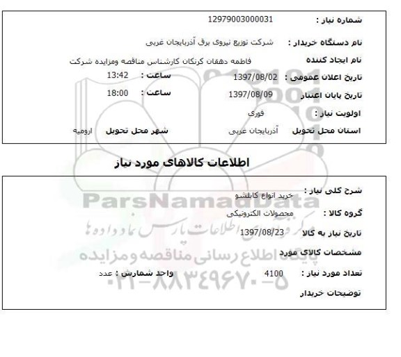 استعلام خرید انواع کابلشو
