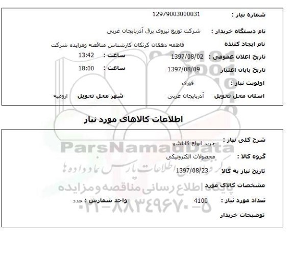 استعلام خرید انواع کابلشو 