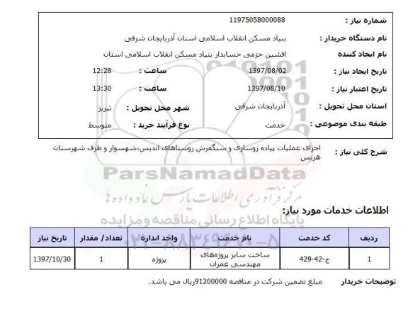 استعلام,استعلام اجرای عملیات پیاده روسازی و سنگفرش روستاهای اندیس، شهسوار 