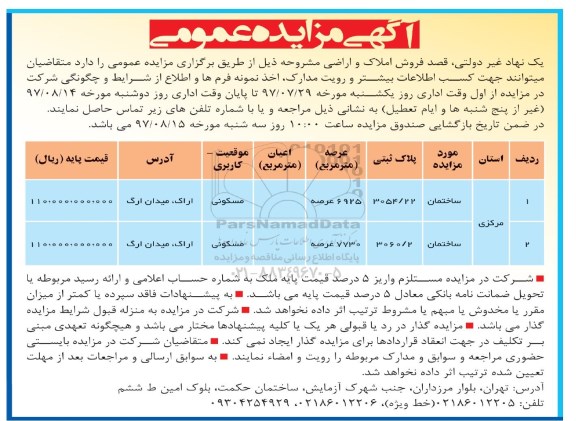 مزایده, مزایده فروش املاک عرصه 3054.22 و 3060.2 در اراک