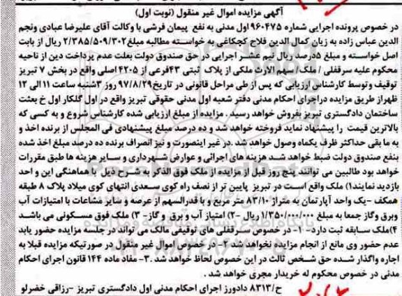 مزایده ,مزایده یک واحد آپارتمان 83.10 مترمربع