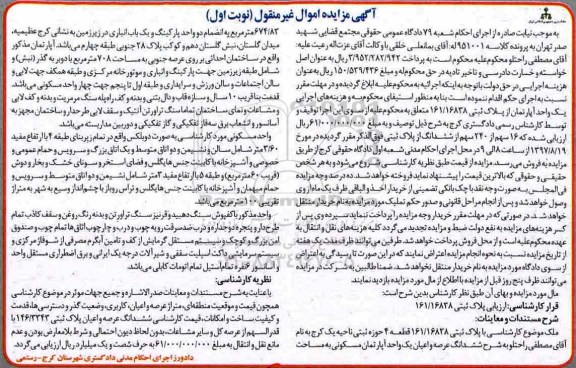 مزایده،مزایده یک واحد آپارتمان پلاک ثبتی 161.16838