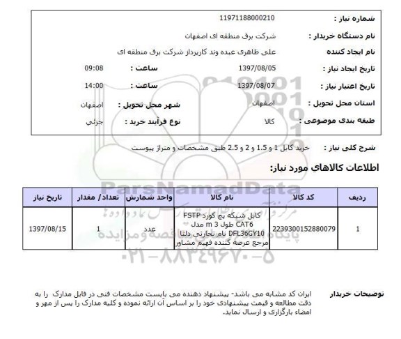 استعلام, خرید کابل 1 و 1.5 و 2 و 2.5 