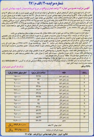 مزایده عمومی, مزایده واگذاری به اجاره 13 واحد تجاری