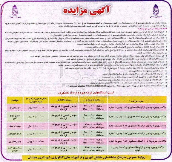 مزایده, مزایده بهره برداری تعدادی از ایستگاههای عرضه میوه و تره بار