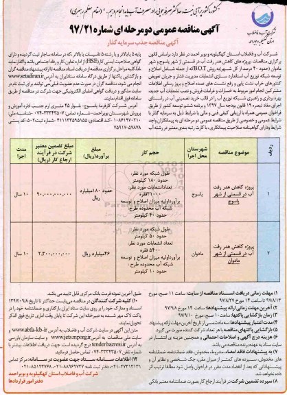 مناقصه عمومی , مناقصه عمومی جذب سرمایه گذار پروژه های کاهش هدر رفت آب 