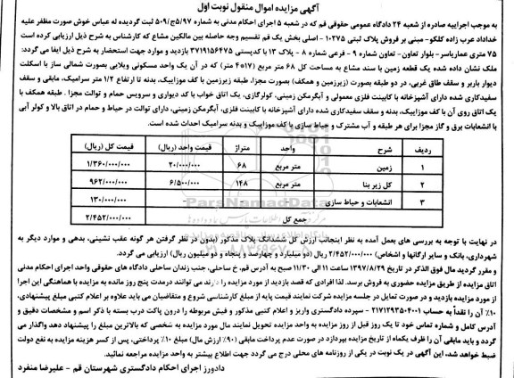 مزایده فروش پلاک ثبتی 10275 اصلی بخش یک قم 