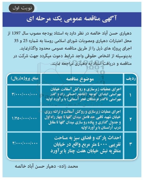 مناقصه عمومی, مناقصه اجرای عملیات زیرسازی و روکش آسفالت و...