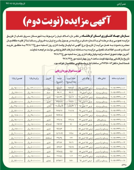 مزایده،مزایده فروش املاک کاربری اداری ، حمام ، سوله  نوبت دوم 