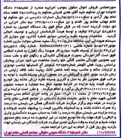 مزایده, مزایده اتومبیل سواری سیستم هیوندایی تیپ سانتافه