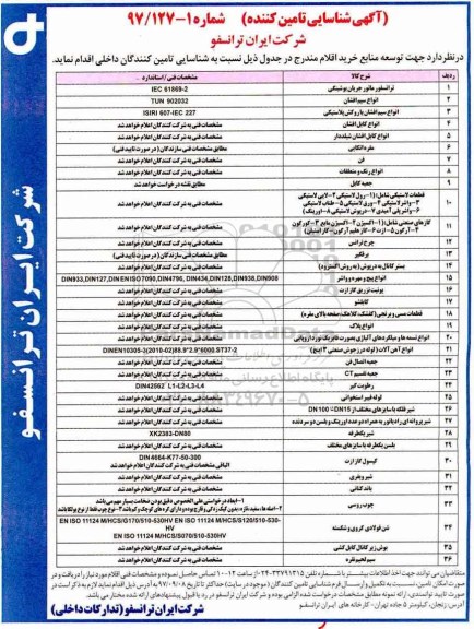 مناقصه, مناقصه خرید اقلام شامل ترانسفورماتور جریان بوشینگی و ...