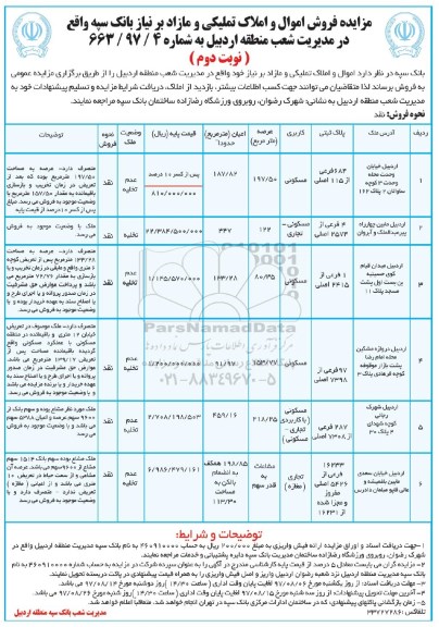 مزایده فروش اموال و املاک تملیکی و مازاد بر نیاز نوبت دوم