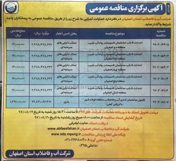 آگهی برگزاری مناقصه عمومی , مناقصه احداث 5 باب ساختمان تاسیسات چاه آب شرب 