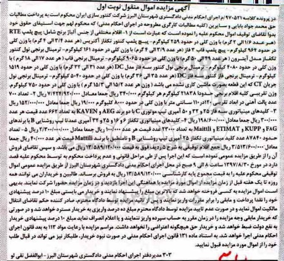 مزایده اقلام مختلفی از جنس آلیاژ