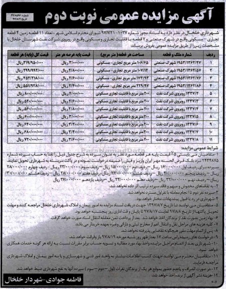مزایده, مزایده فروش تعداد 11 قطعه زمین کاربری تجاری مسکونی نوبت دوم